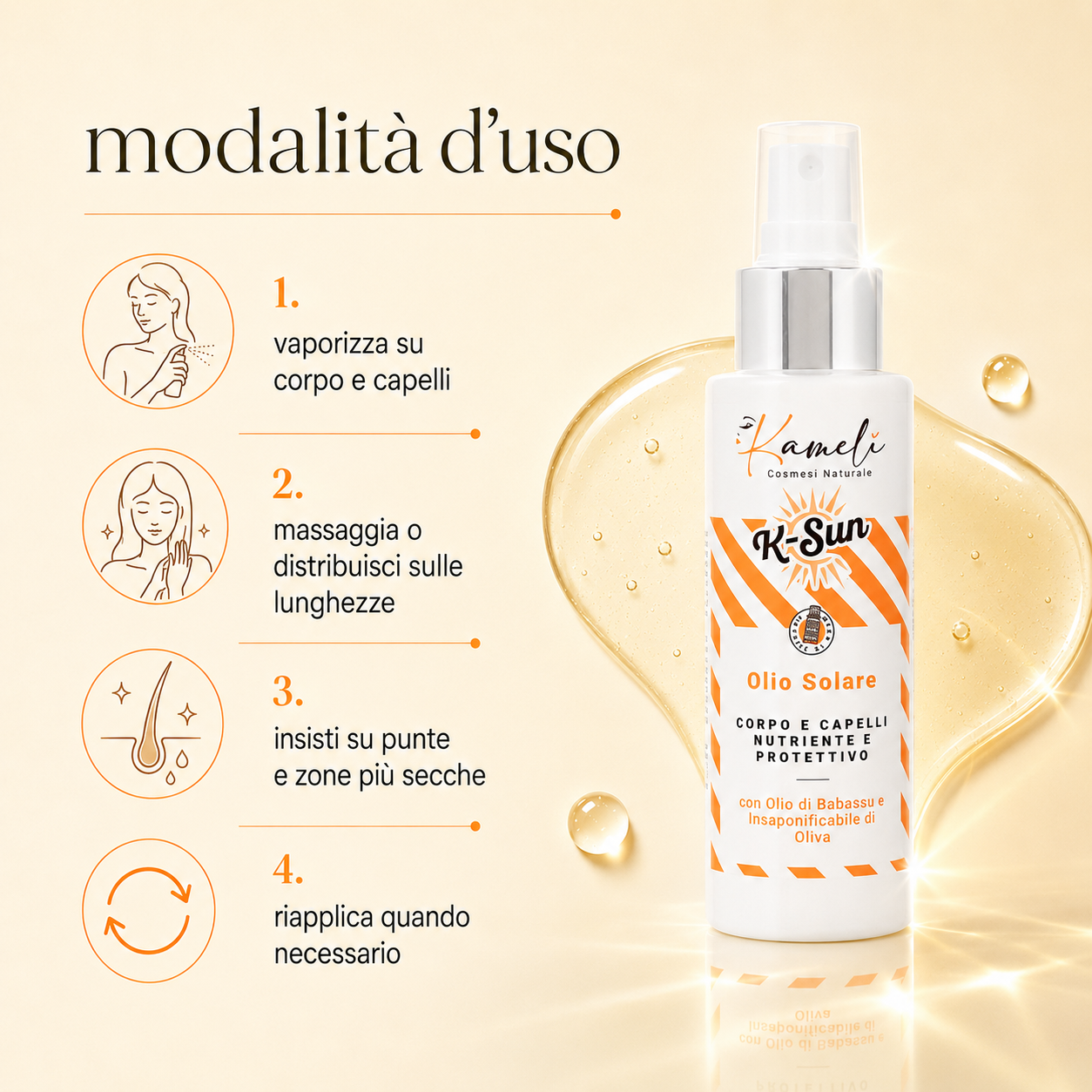 Kamelì-K-Sun Olio Solare Corpo e Capelli Nutriente e Protettivo - immagine 3