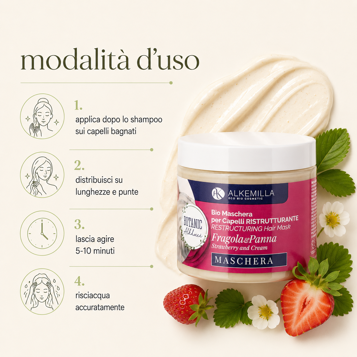 Alkemilla-Bio Maschera Capelli Ristrutturante Panna e Fragola - immagine 3