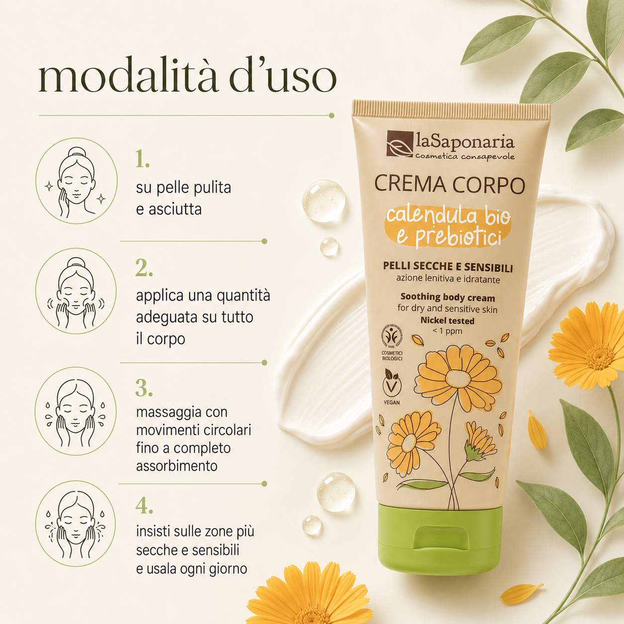 La Saponaria-Crema Corpo Pelli Secche e Sensibili - Calendula Bio e Probiotici - immagine 3