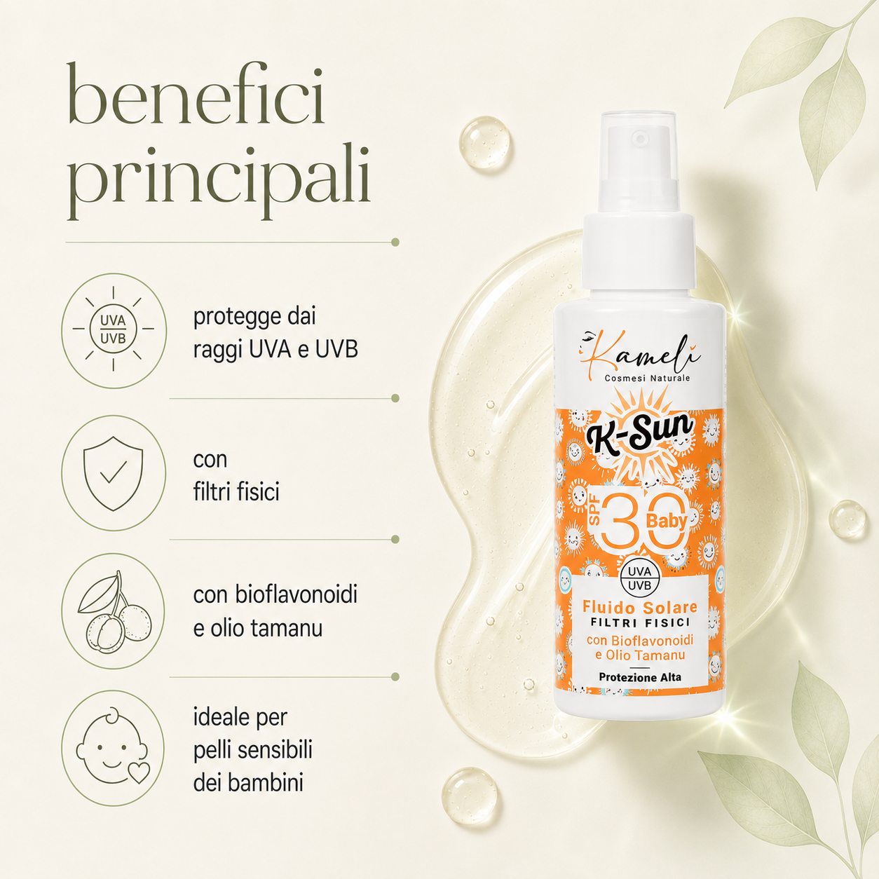 Kamelì-K-Sun Baby Fluido Solare Filtri Fisici SPF 30 - immagine 2