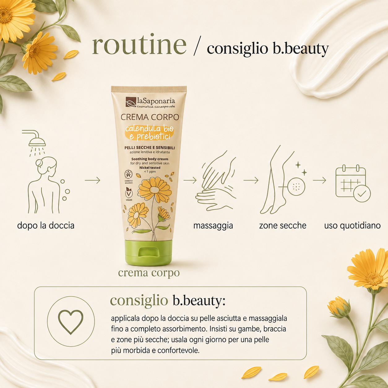 La Saponaria-Crema Corpo Pelli Secche e Sensibili - Calendula Bio e Probiotici - immagine 4