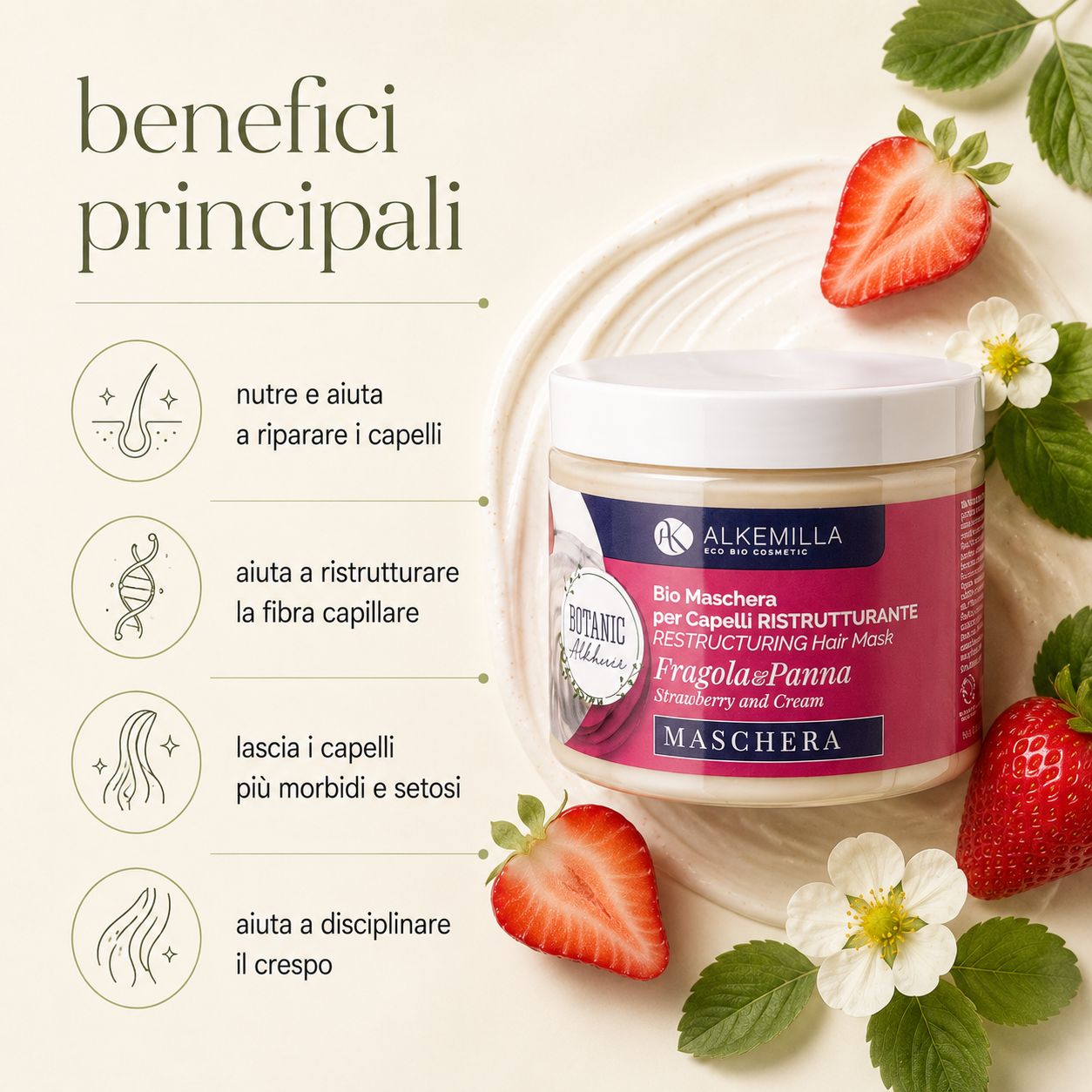 Alkemilla-Bio Maschera Capelli Ristrutturante Panna e Fragola - immagine 2