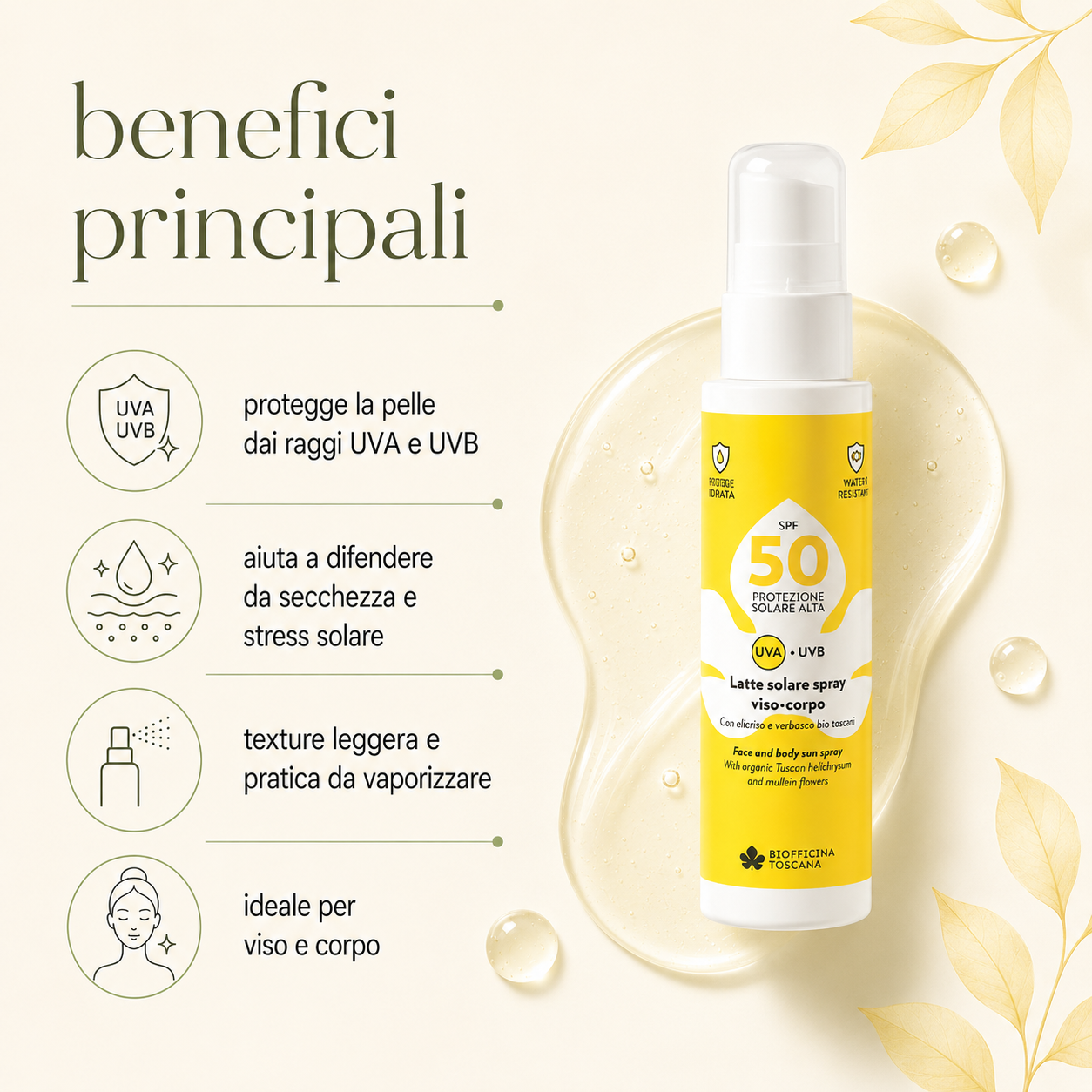 Biofficina Toscana-Latte Solare Spray Viso-Corpo SPF50 - immagine 2