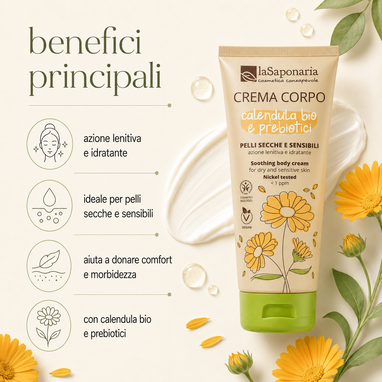 La Saponaria-Crema Corpo Pelli Secche e Sensibili - Calendula Bio e Probiotici - immagine 2